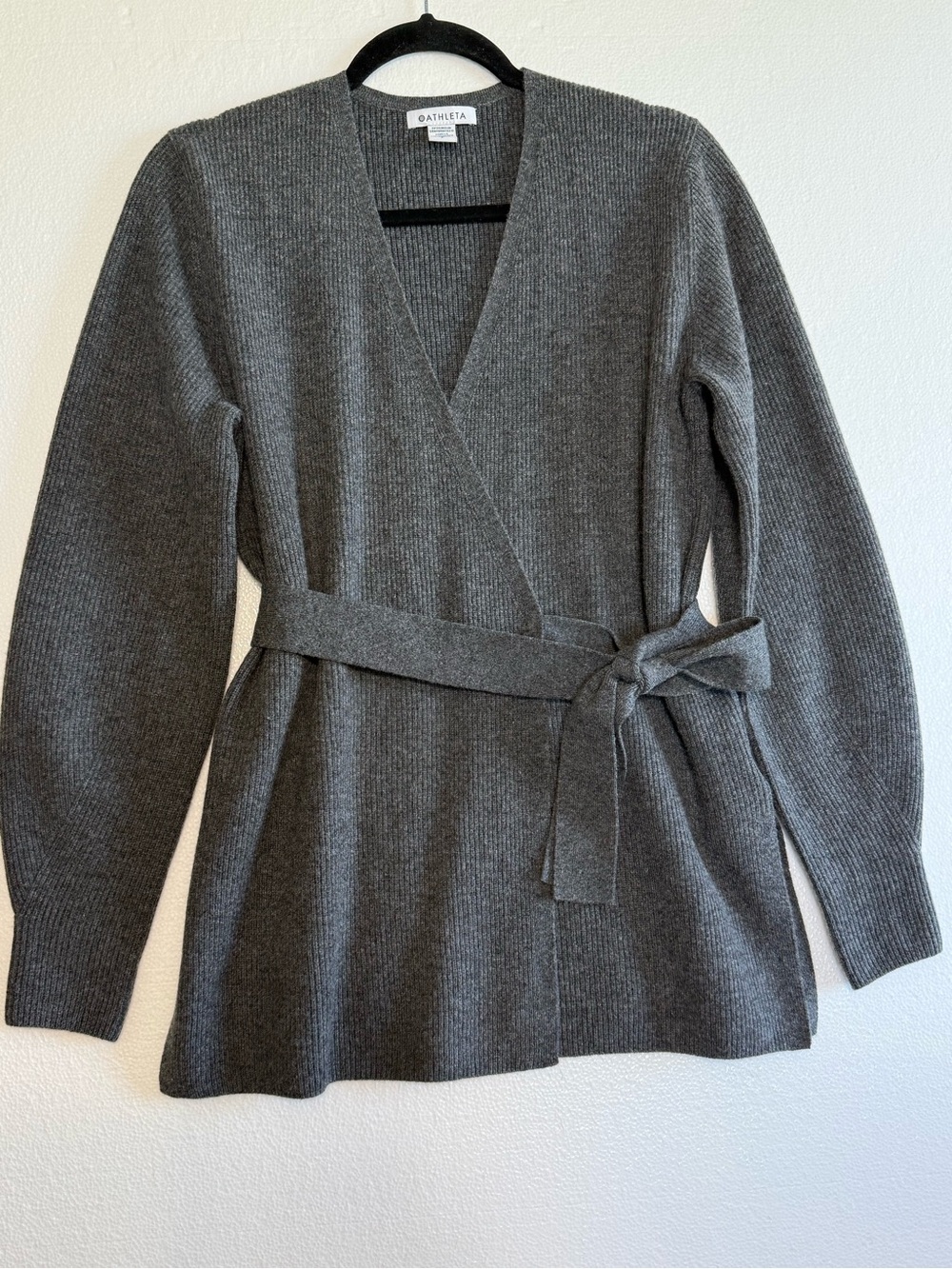 Athleta Alpine Wrap Sweater Ribbed Merino Wool Cashmere Charcoal Gray Size S